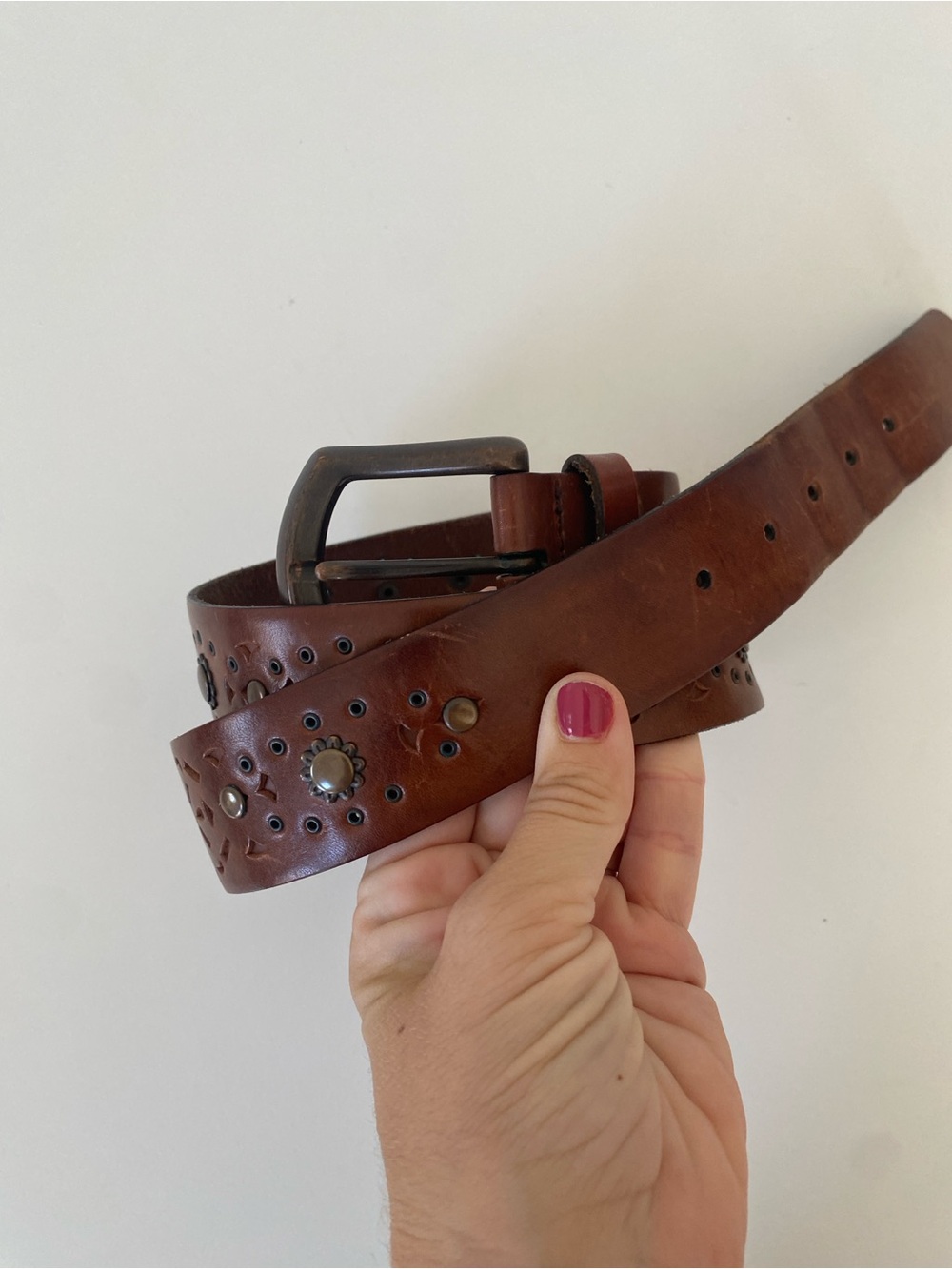 Fossil Brown Leather Studded Belt with Dark Metal Buckle